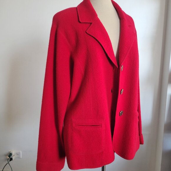 Chico Jackets & Blazers - Chico's Boucle Knit Blazer Red 100% Wool Artsy Buttons Jacket (Size: 2)
